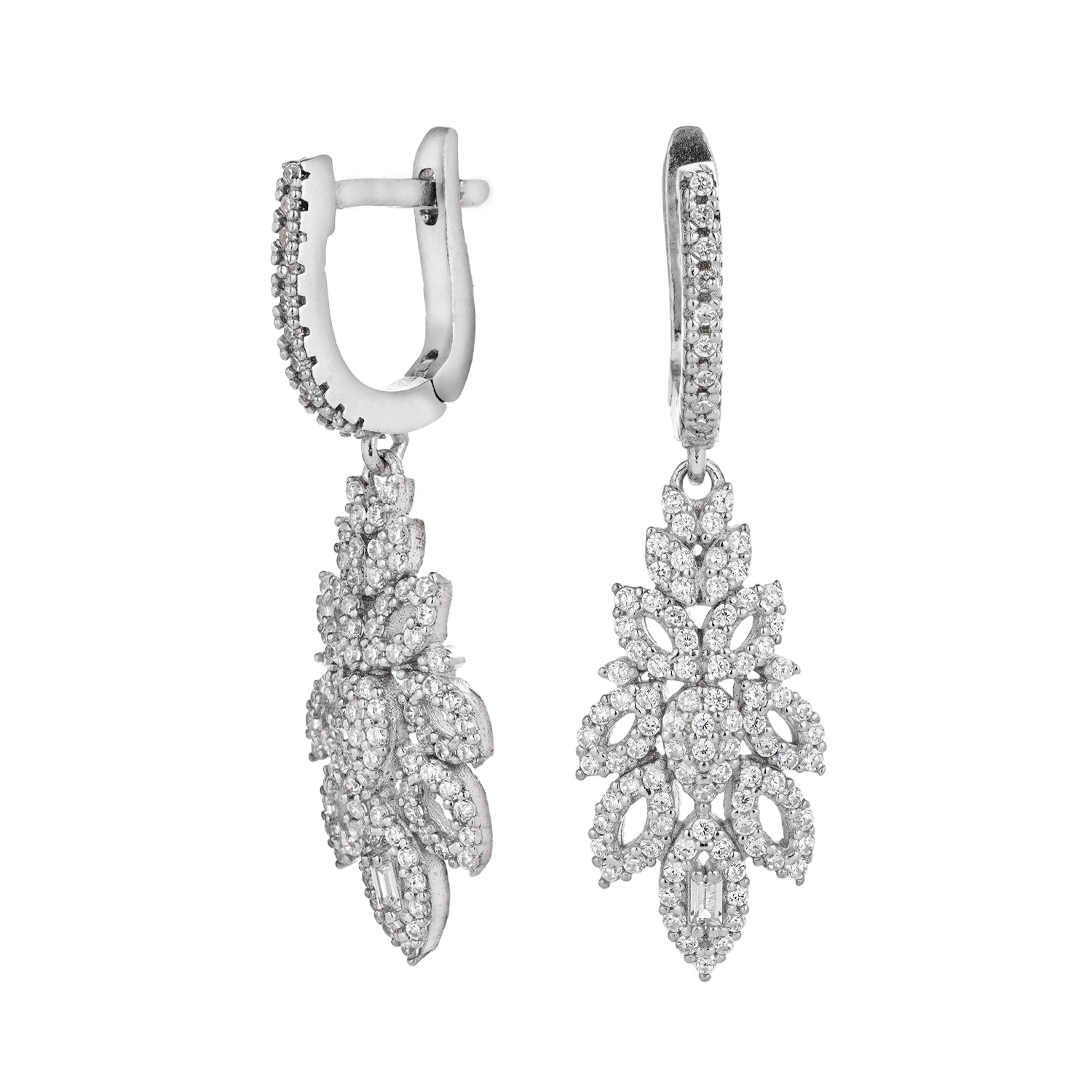 100150064 (1) گوشواره نقره زنانه طرح شاخهای با نگین میکروست و باگت 100150064 - Image 1
