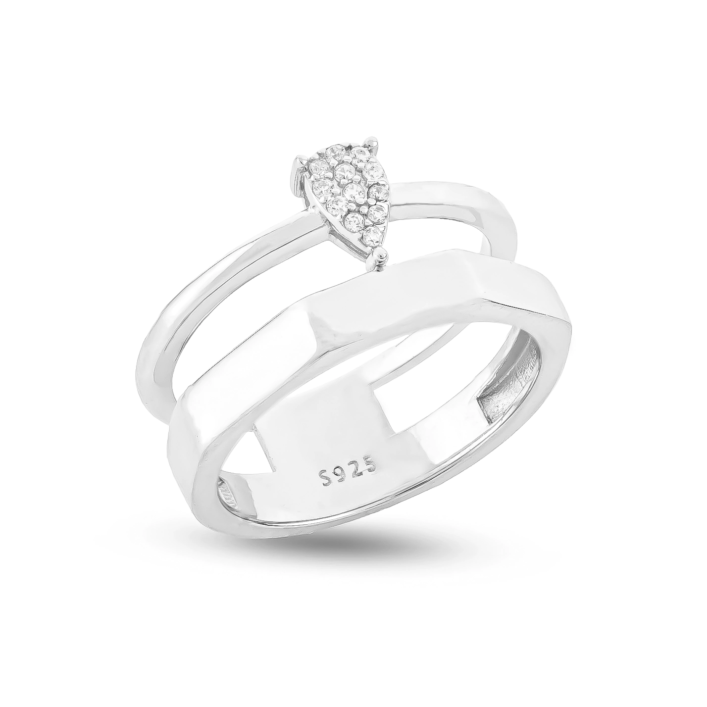 111000022224 4.3g 7.5,56 copy انگشتر نقره زنانه مدرن دو حلقهای با نگین زیرکنیا سفید - Image 1